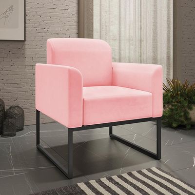 Kit 2 Poltronas Decorativas Isabella Base Industrial Suede Rosa Bebê/Preto