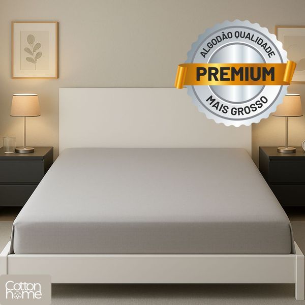 Lençol Queen 100% Algodão Com Elástico Premium Cinza