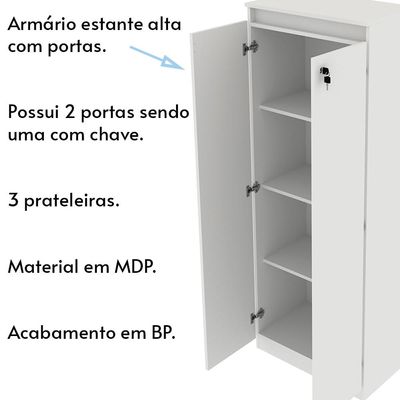Armário Alto com Tranca para Escritório Home Office ME4151 MDP Branco - Gran Belo
