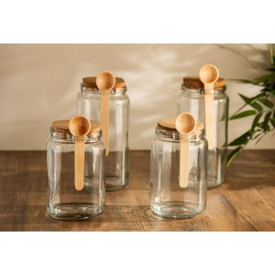 Kit 3 Porta Temperos Quadrado 1,15 L Vidro Com Colher De Bambu E Tampa Rolha Lyor