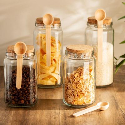 Kit 3 Porta Temperos Quadrado 1,15 L Vidro Com Colher De Bambu E Tampa Rolha Lyor