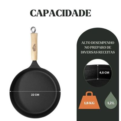 Frigideira Tradição 22 Cm 1,2 L Em Ferro Fundido E Cabo De Madeira Panela Mineira