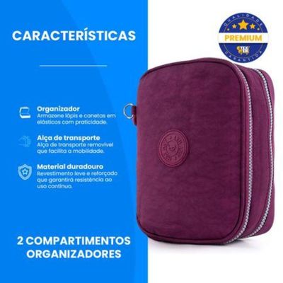 Kit Estojo Escolar Lápis Nylon Ziper Resistente C/ Organizador De Lápis Mais Canetinhas Marca Texto