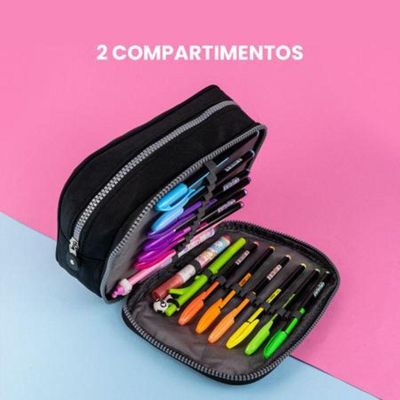 Kit Estojo Escolar Lápis Nylon Ziper Resistente C/ Organizador De Lápis Mais Canetinhas Marca Texto