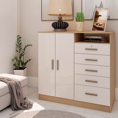 Cômoda Guatemala com 2 Portas, 5 Gavetas, 2 Prateleiras, 1 Nicho e 112cm de largura Genialflex Freijó/White Laca