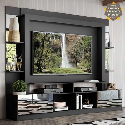 Rack Estante Suporte Tv 65´´ Espelho Preto/Madeirado