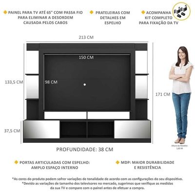 Rack Estante Suporte Tv 65´´ Espelho Preto/Madeirado