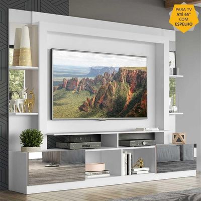 Rack Estante com Painel Tv 65 e Espelho Oslo Branco Fumê