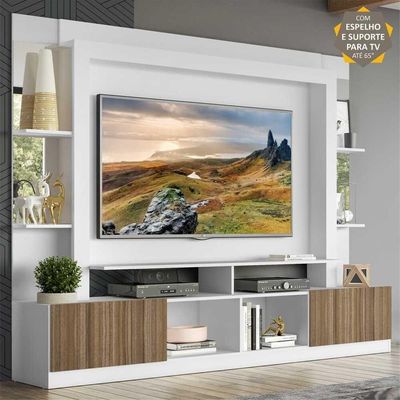 Rack com Painel Suporte Tv 65´´ com Espelho Branco/Madeirado