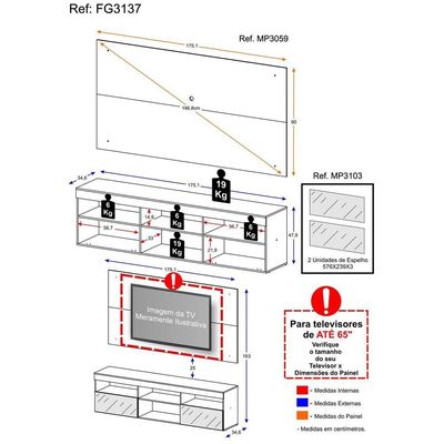 Rack Com Espelho E Painel Para Tv Até 65´´ Fg3137 Preto