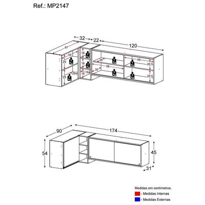 Kit Armário De Cozinha Aéreo Canto 90cm E Aéreo 120cm Veneza Multimóveis Mp2147 Branco-dourado