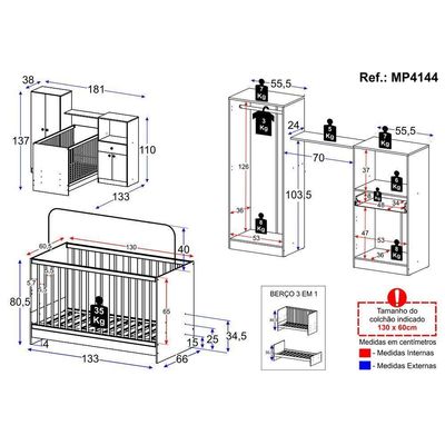 Berço 3 Em 1 e Guarda-roupas 4 Portas 1 Gaveta Mp4144 Branco
