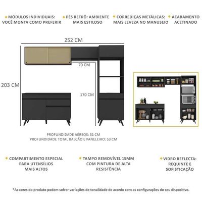 Armário De Cozinha Compacta 4 Peças Mp3692.895 Veneza Preto