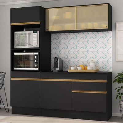 Armário De Cozinha Compacta 3 Peças Com Rodapé Mp2178 Made Multimóveis Preto/dourado Preto/dourado
