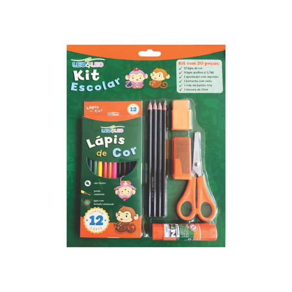 Kit Escolar Leonora com Lápis de Cor, Lápis HB Nº2, Borracha, Tesoura, Cola Bastão e Apontador