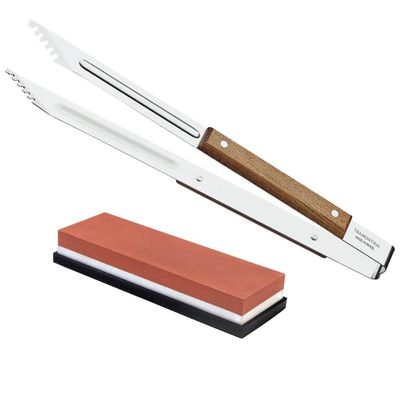 Kit Pegador de Carne Churrasco Inox Madeira e Pedra Amolar Facas Dupla Face 400/1000