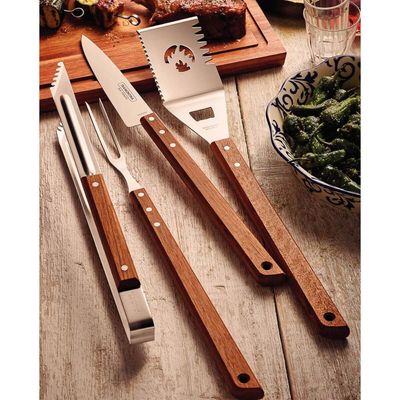 Kit Pegador de Carne Churrasco Inox Madeira e Pedra Amolar Facas Dupla Face 400/1000