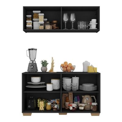 Kit Armário De Cozinha Aéreo E Balcão Multimóveis Mp2171 Preto/natural