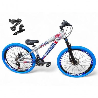 Bicicleta Aro 26 Vikingx Tuff Câmbios Shimano 21v Freeride Freio A Disco Aro Vmaxx Pneu Flame prata-Azul X25