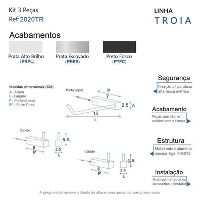 Kit Acessórios Para Banheiro Alto Brilho 3 Peças Grego Metal 2020tr