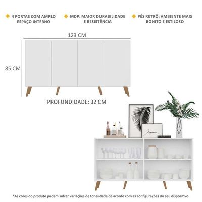 Aparador Buffet 4 Portas Retrô Veneza Multimóveis V3556 Branco/ Branco/
