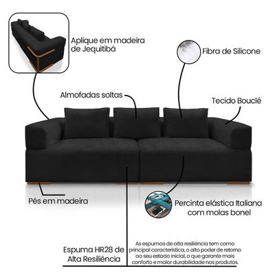Sofá 4 Lugares 3,00m Em Tecido Bouclé Com Aplique Em Madeira – Scott Lucadi Preto