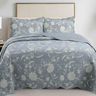 Kit Cobre Leito Colcha Magnus Casal 3 Peças Dupla Face Estampado Floral - Azul - 100% Poliéster
