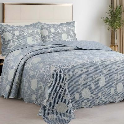 Kit Cobre Leito Colcha Magnus Casal 3 Peças Dupla Face Estampado Floral - Azul - 100% Poliéster