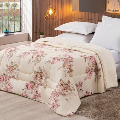 Coberdrom Sherpa/Percal 180 Fios Estampado King Gran Moratta 01 Peça - Caqui Floral