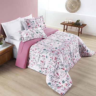 Kit Edredom Cobertor Celi Queen Dupla Face Micropercal Estampado 200 Fios 3 Peças Bothanica Floral Rosa