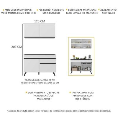 Armário De Cozinha Compacta 120cm Veneza Multimóveis V3687 Branco/preto Branco/preto