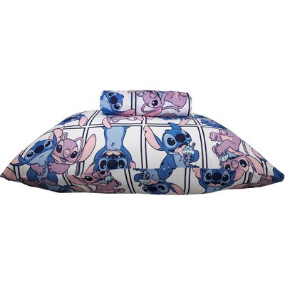 Jogo de Lençol KazzaVip Solteiro Malha Mista 70% Algodão e 30% Poliéster Estampado Disney Stitch Quadros Kids 2 Peças Lilas