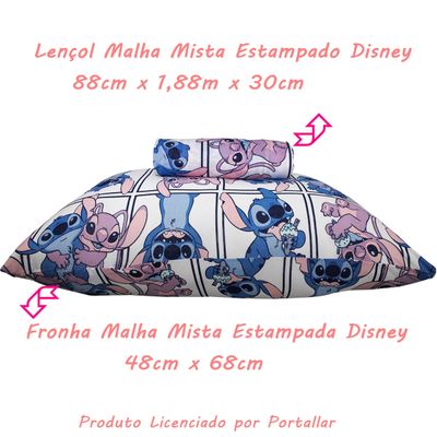 Jogo de Lençol KazzaVip Solteiro Malha Mista 70% Algodão e 30% Poliéster Estampado Disney Stitch Quadros Kids 2 Peças Lilas