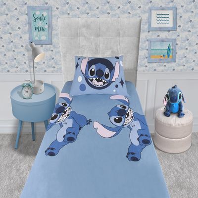 Jogo de Lençol KazzaVip Solteiro Malha Mista 70% Algodão e 30% Poliéster Joy Disney Big Stitch 02 Peças Azul