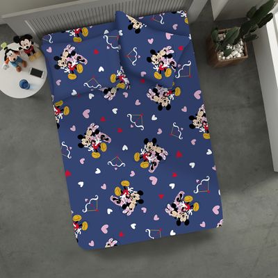 Jogo de Lençol KazzaVip Casal Malha Mista 70% Algodão e 30% Poliéster Estampado Disney Minnie Cupido Kids 3 Peças Azul