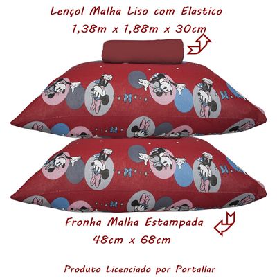 Jogo de Lençol KazzaVip Casal Malha 100% Algodão Play Disney Minnie Feliz Red 3 Peças Vermelho
