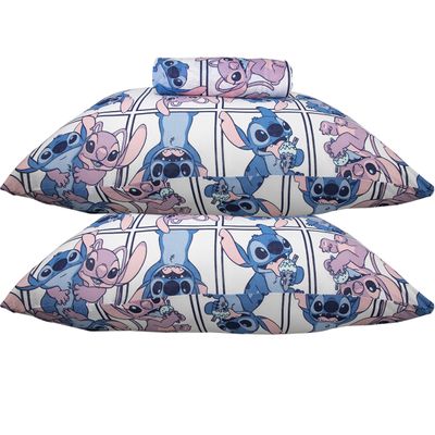 Jogo de Lençol KazzaVip Casal Malha Mista 70% Algodão e 30% Poliéster Estampado Disney Stitch Quadros Kids 3 Peças Lilas