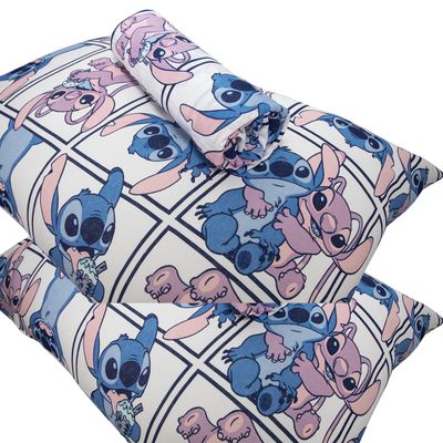 Jogo de Lençol KazzaVip Casal Malha Mista 70% Algodão e 30% Poliéster Estampado Disney Stitch Quadros Kids 3 Peças Lilas