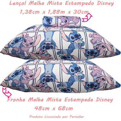 Jogo de Lençol KazzaVip Casal Malha Mista 70% Algodão e 30% Poliéster Estampado Disney Stitch Quadros Kids 3 Peças Lilas