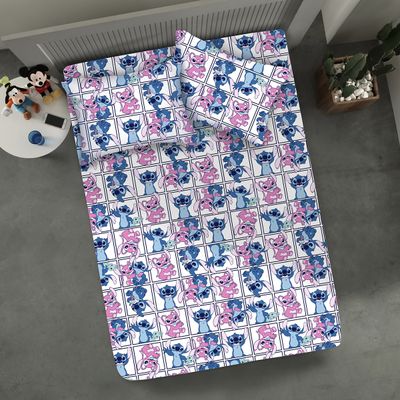Jogo de Lençol KazzaVip Casal Malha Mista 70% Algodão e 30% Poliéster Estampado Disney Stitch Quadros Kids 3 Peças Lilas