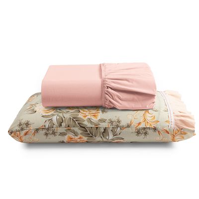 Jogo Cama Lençol Fiore Solteiro Estampado 180 Fios 100% Algodão com Babadinho 2 Peças Salmão Floral