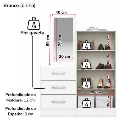 Comoda Multiuso 2 Portas 3 Gavetas Com Espelho 115 Cm B700 Branco Briz Branco