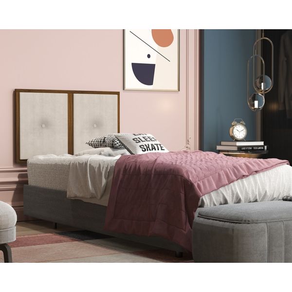 Painel Cabeceira Box Solteiro 0,90 Detalhe Madeira Suede Bege - Comprar Moveis em Casa