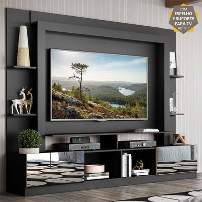 Rack com Painel Suporte Tv 65´´ com Espelho Preto/Madeirado