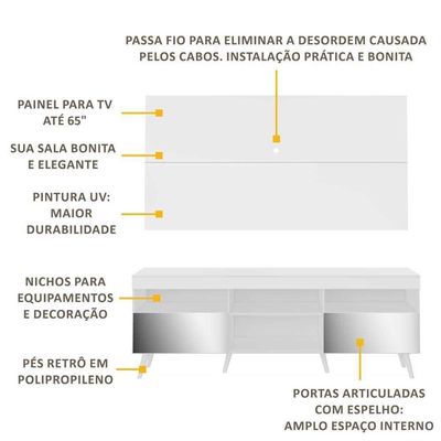 Rack Com Painel Retrô Com Espelho Para Tv Até 65´Fg3138