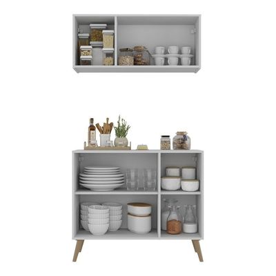 Kit Armário De Cozinha Aéreo E Balcão 3 Portas Retrô Multimóveis Mp2168 Branco/natural