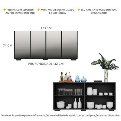 Aparador Buffet 4 Ptas com Espelho e Pés Quadrados Preto