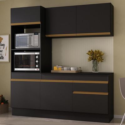 Armário De Cozinha Compacta 3 Peças Com Rodapé Mp2177 Made Multimóveis Preto/dourado Preto/dourado