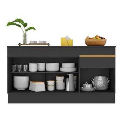 Balcão Cozinha Gabinete Pia 150cm Com Rodapé 3 Portas 1 Gaveta Veneza V2107 Preto/dourado
