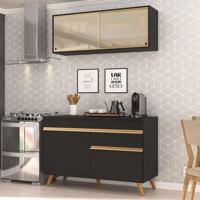 Armário De Cozinha Compacta 120cm Veneza Multimóveis V3688 Preto/dourado Preto/dourado